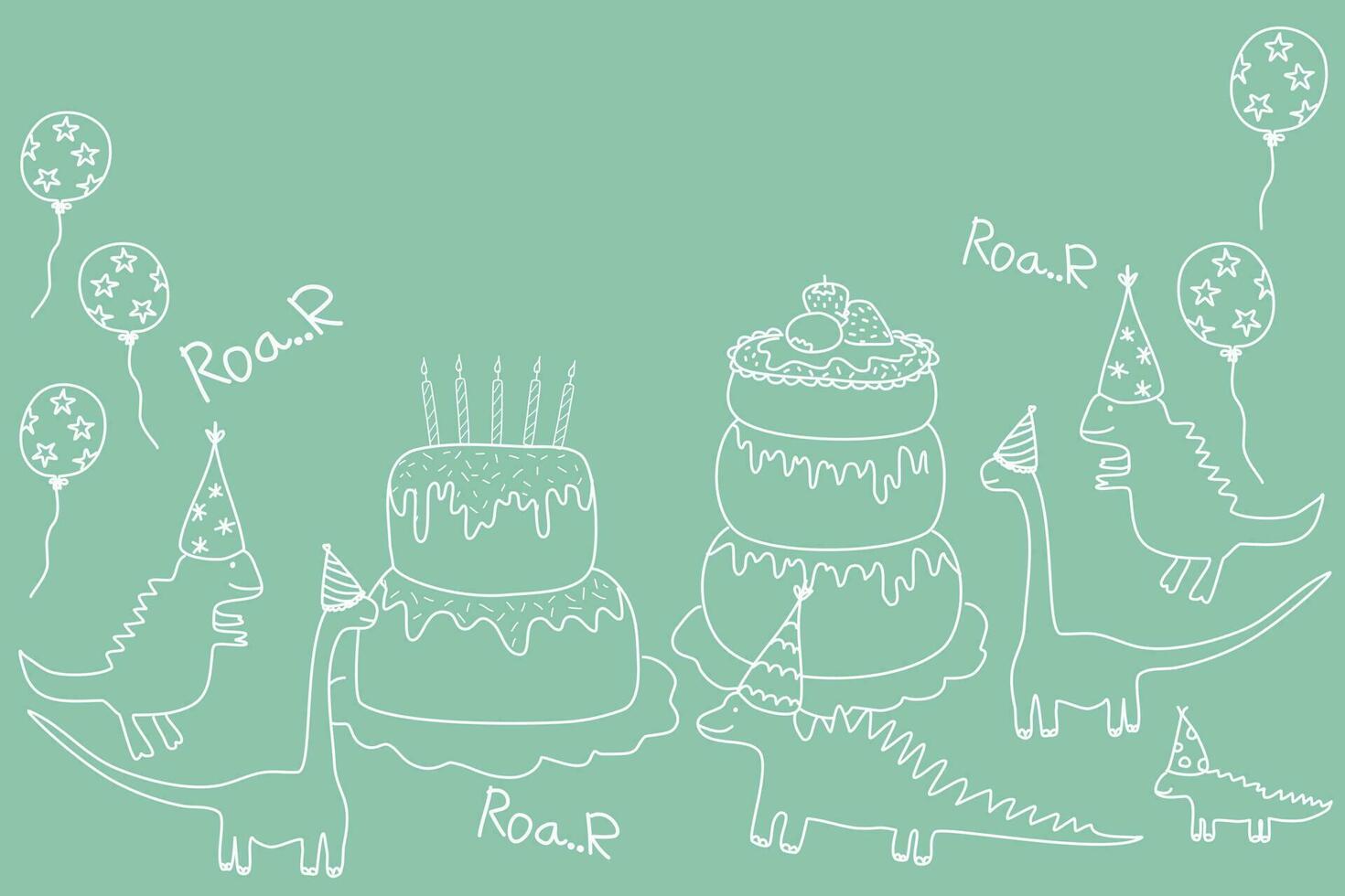 Lycklig födelsedag kaka fest inbjudan bakgrund baner klotter vektor illustration sömlös. firande med kaka ballonger hatt mellanmål krans dekoration. kopia Plats. freehand teckning. för unge fest.