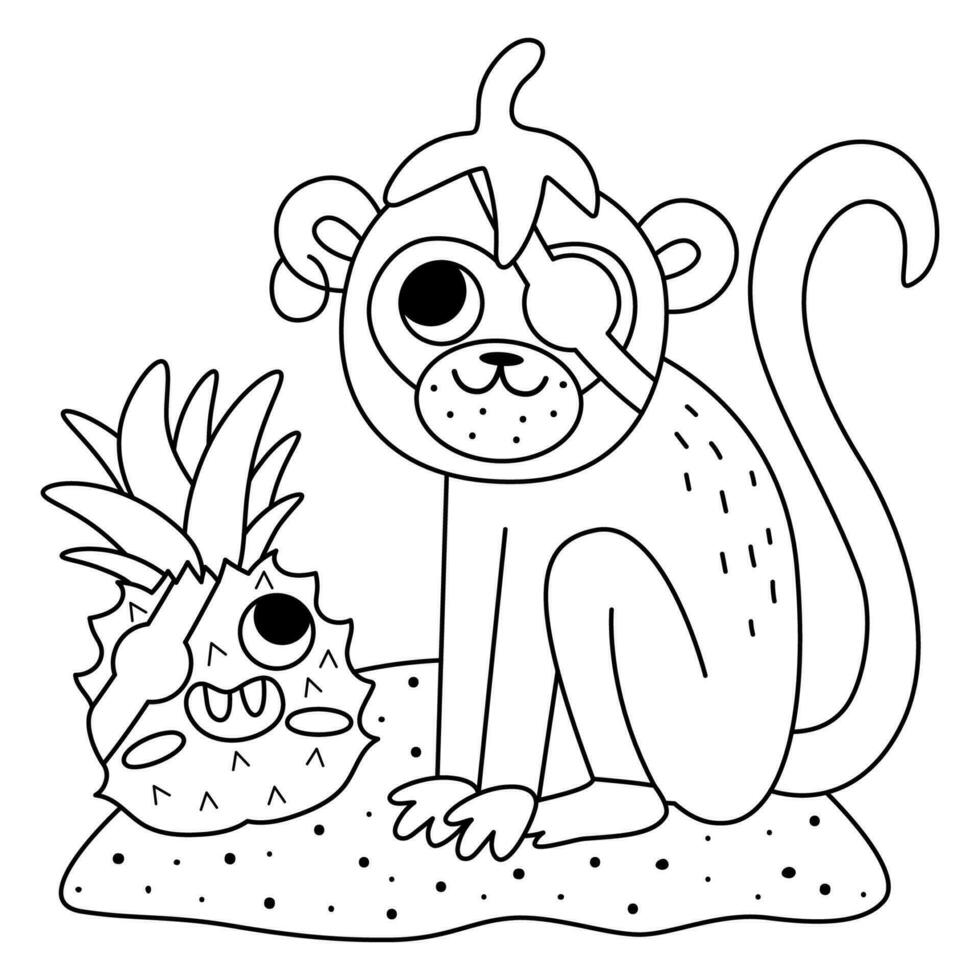 svart och vit vektor pirat apa med leende ananas. söt linje djur- och frukt illustration eller färg sida. skatt ö jägare med banan hud. rolig pirat fest scen för barn