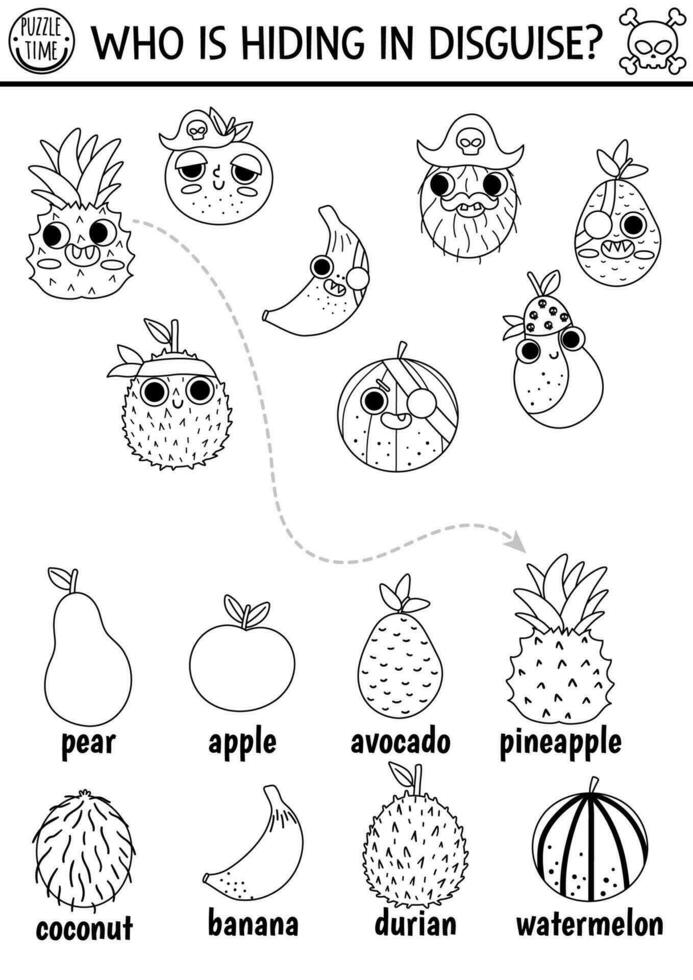 svart och vit pirat frukt Dölj och söka spel. skatt ö jaga matchande aktivitet för ungar. hav äventyr söka och hitta linje arbetsblad. enkel tryckbar spel eller färg sida vektor