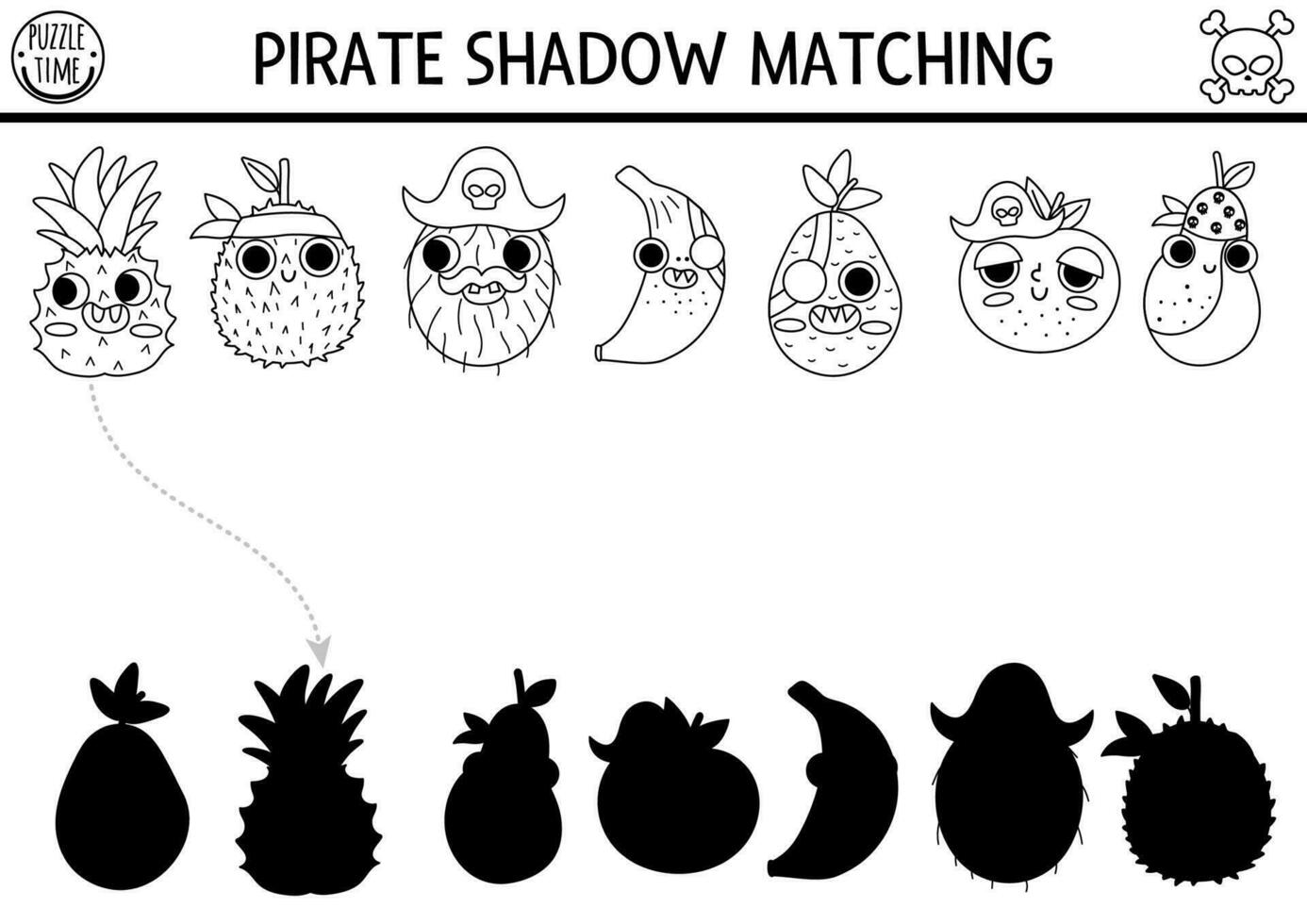 svart och vit pirat skugga matchande aktivitet. skatt ö jaga linje pussel med söt frukt pirater. hitta korrekt silhuett tryckbar arbetsblad. hav äventyr färg sida för barn vektor