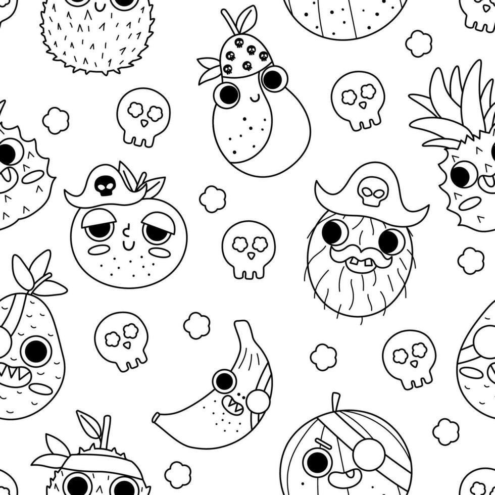 Vektor schwarz und Weiß kawaii Obst nahtlos Muster. Linie Pirat Früchte wiederholen Hintergrund. Comic Digital Papier oder Färbung Buchseite. gesund Sommer- Essen Textur