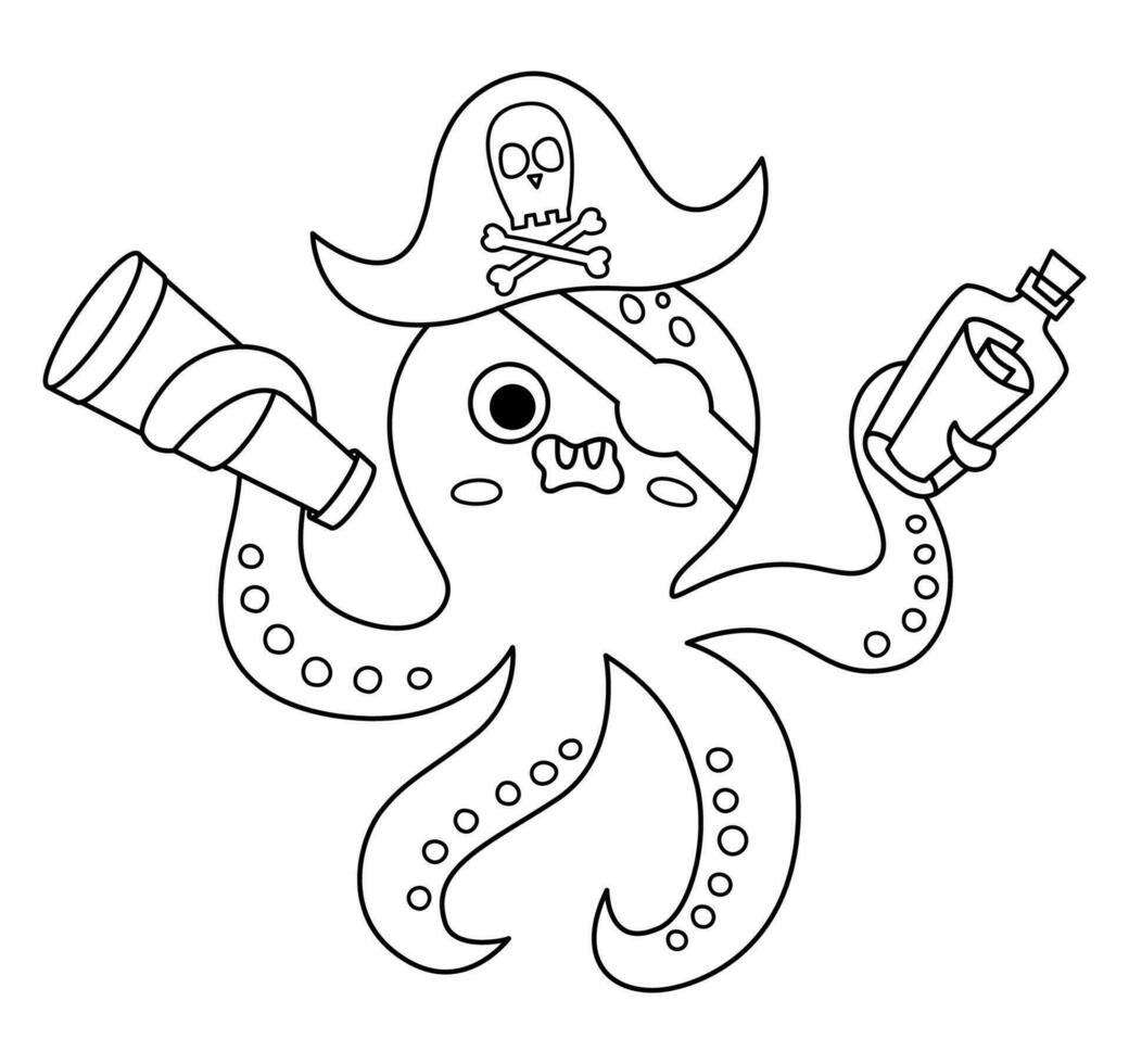 svart och vit vektor pirat bläckfisk ikon. söt linje hav djur- illustration. ett öga skatt ö jägare med öga lappa, teleskop och flaska med Karta. rolig pirat fest eller färg sida