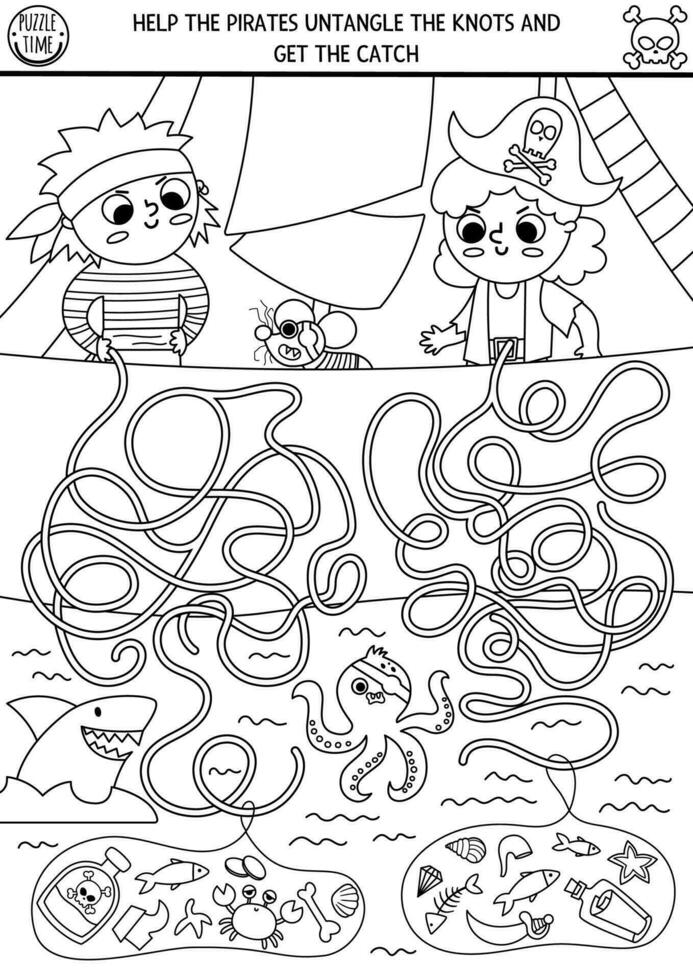 svart och vit pirat labyrint för barn med fartyg, hav och unge sjömän. skatt jaga linje förskola tryckbar aktivitet. hav äventyr labyrint färg sida eller pussel vektor