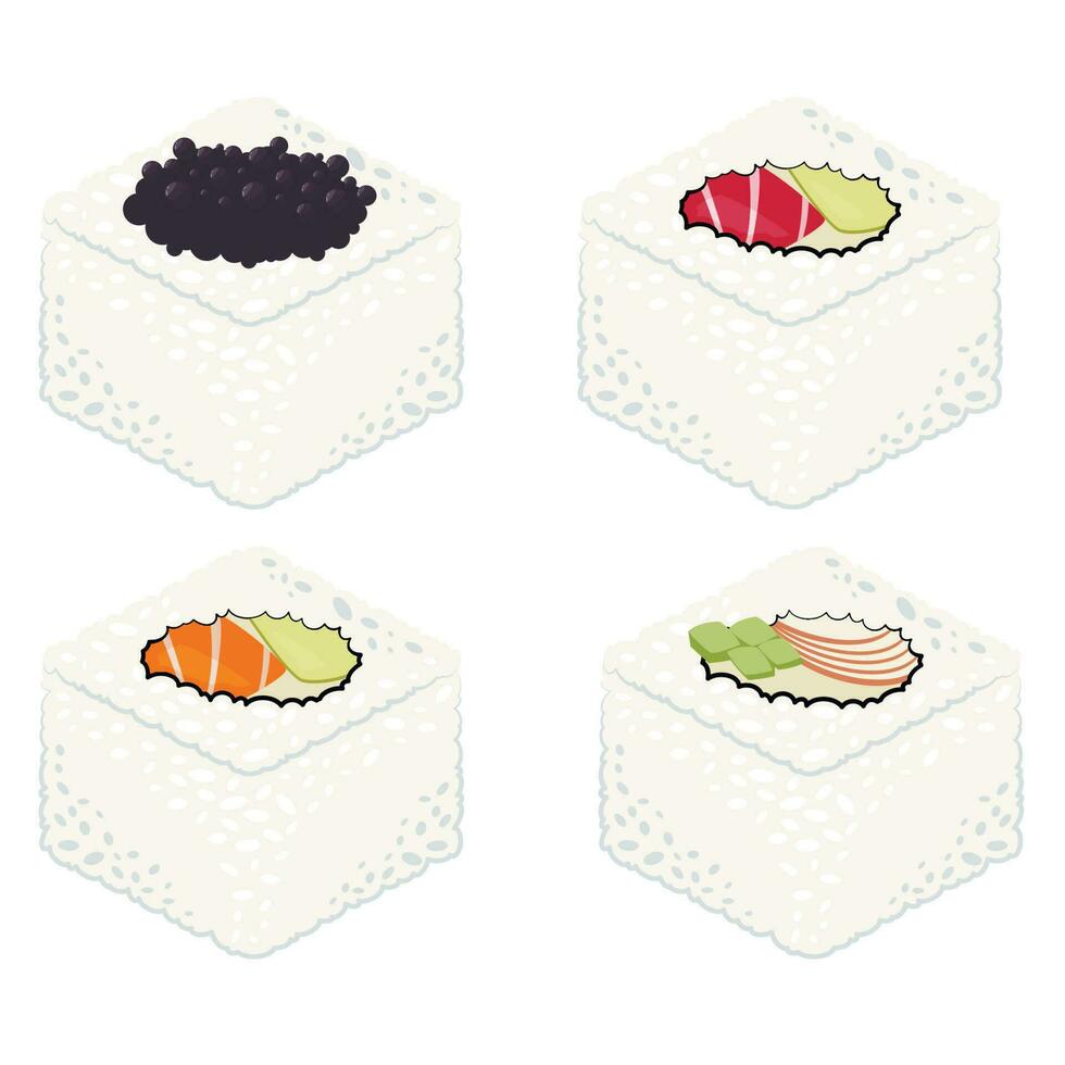 Sushi rollen einstellen Vektor Illustration. japanisch Illustration, asiatisch Essen Satz. japanisch Essen Konzept.