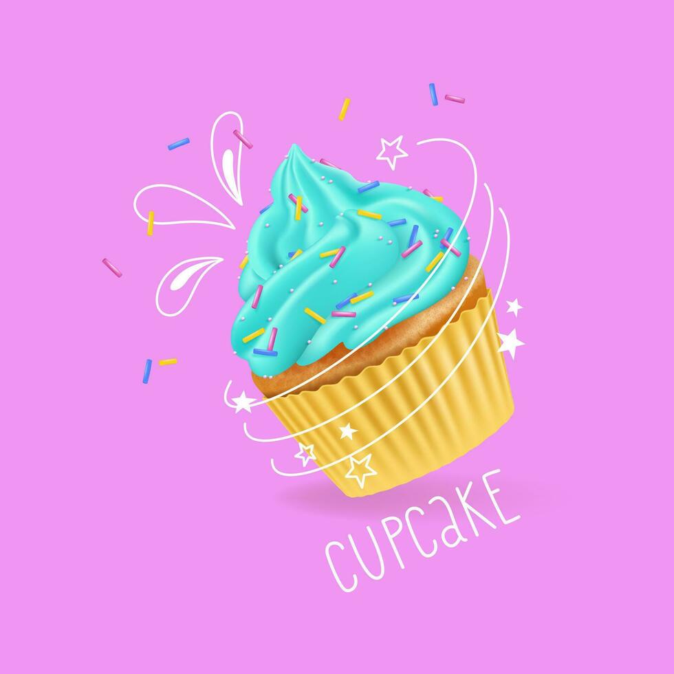 süß realistisch Gekritzel Cupcake. Essen Vektor Illustration mit Hand Beschriftung