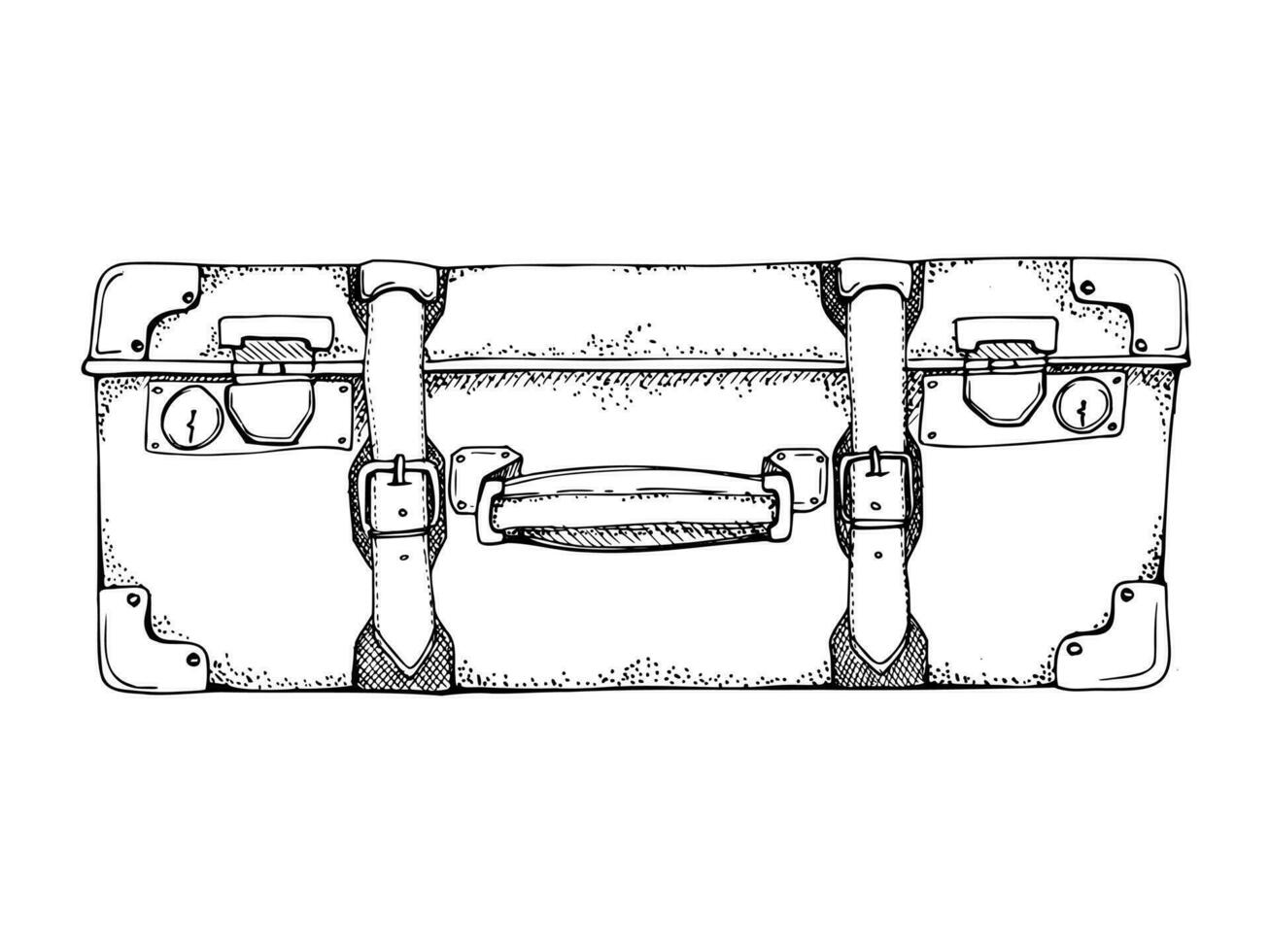 bläck hand dragen vektor grafisk skiss, silhuett av isolerat objekt. gammal årgång retro läder resväska bagage bagage. design för turism, resa, broschyr, bröllop, guide, skriva ut, kort, tatuering.