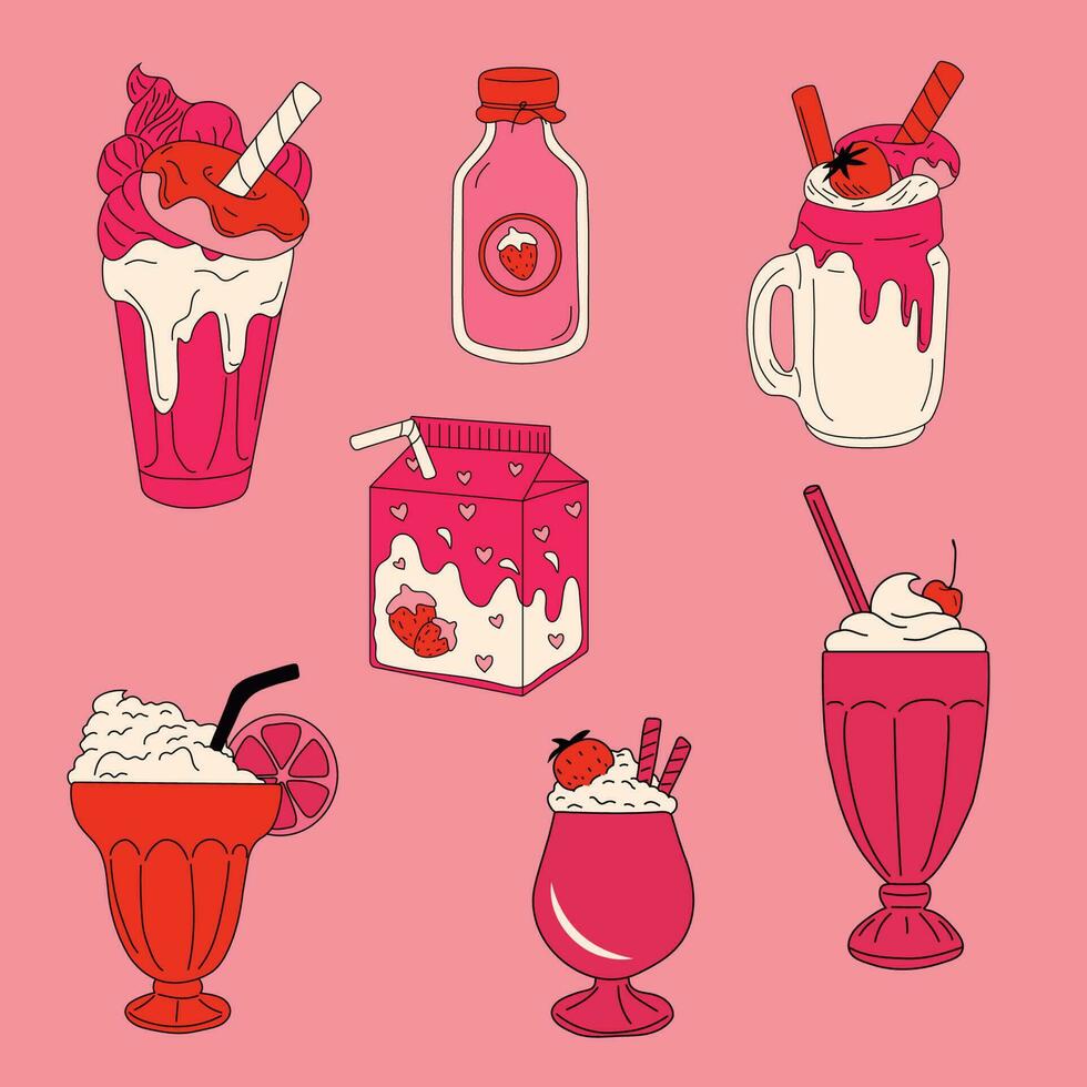 einstellen von Milchshakes mit ein Erdbeere und Eis Sahne Kegel. Vektor Illustration isoliert