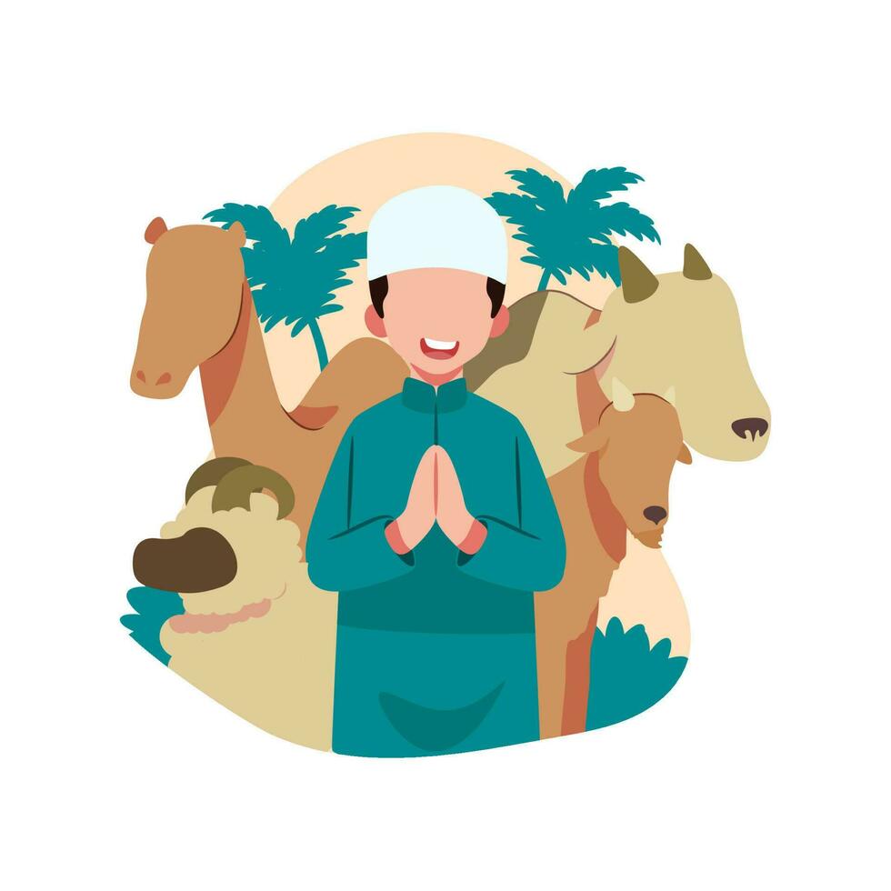 en man i en blå utrusta står i främre av en kameler säger Lycklig eid al Adha vektor