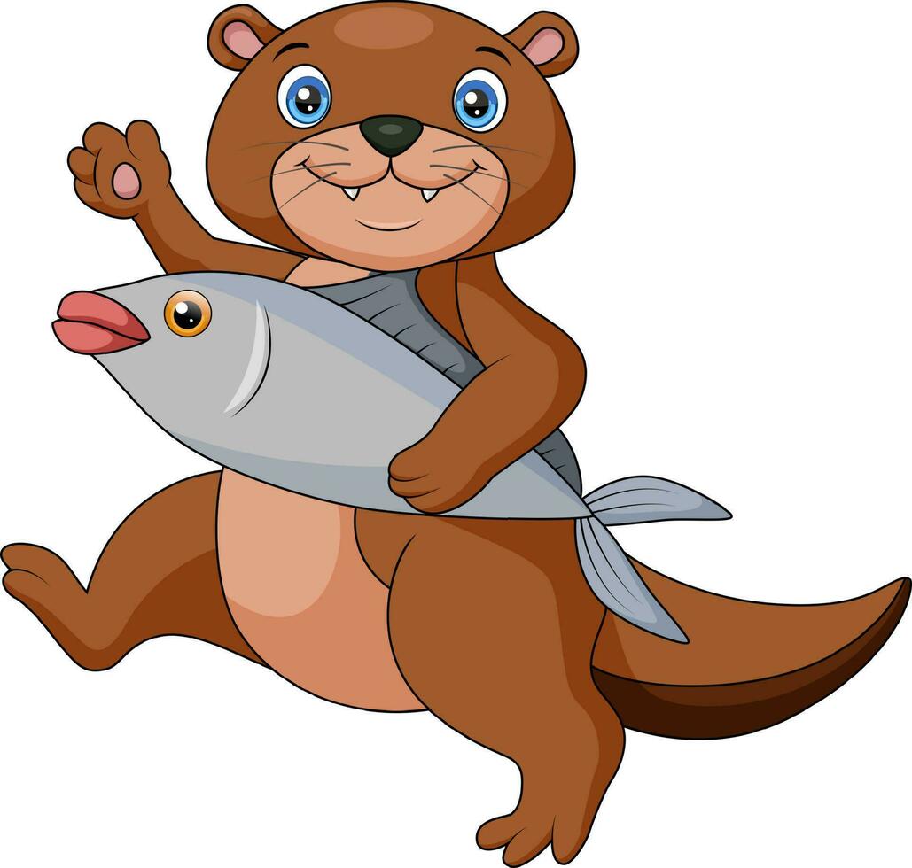 süß Otter Karikatur mit Fisch vektor