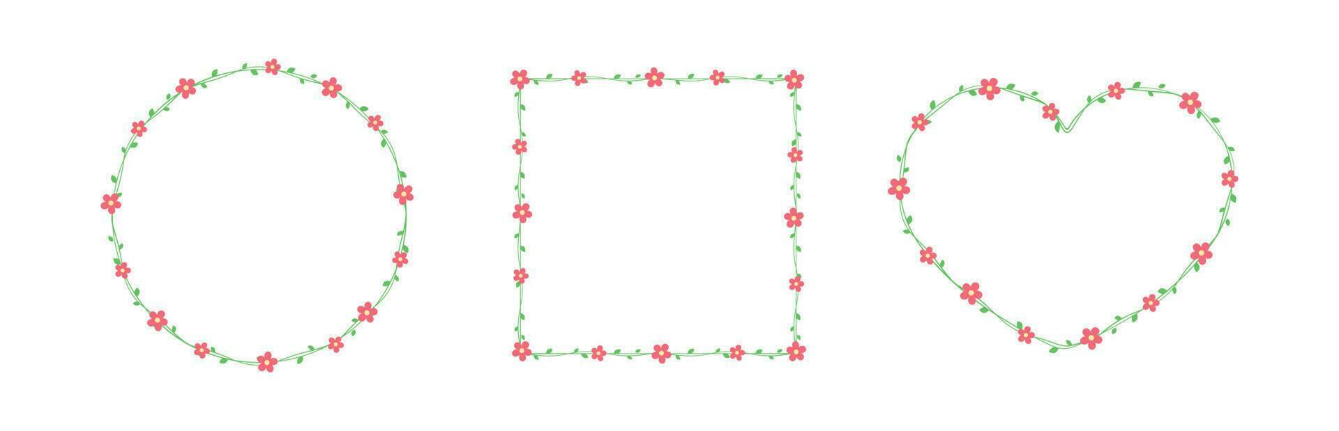 rot Blumen mit Grün Blätter Frames und Grenzen Satz, Blumen- botanisch Design Element Vektor Illustration