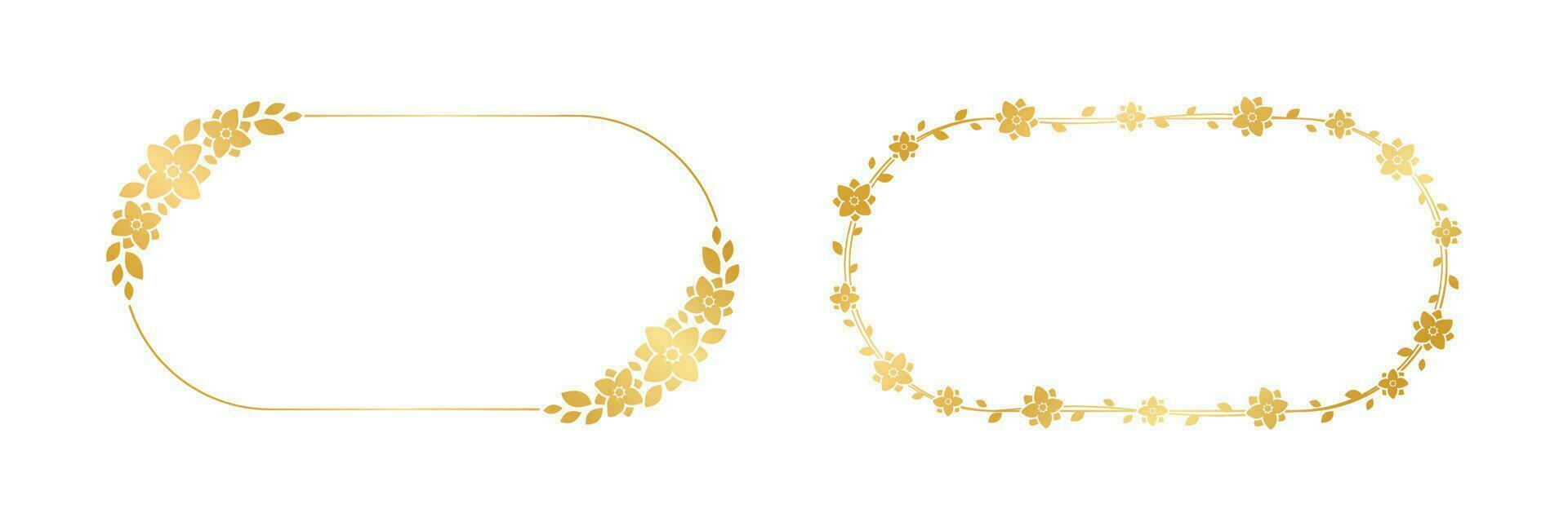 Gold Oval Blumen- Rahmen Satz. Luxus golden Rahmen Rand zum einladen, Hochzeit, Zertifikat. Vektor Kunst mit Blumen und Blätter.