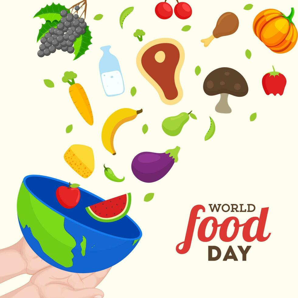 mänsklig hand innehav skål faller ner frukter, grönsaker, kött, mejeri Produkter på vit bakgrund för värld mat dag begrepp. vektor