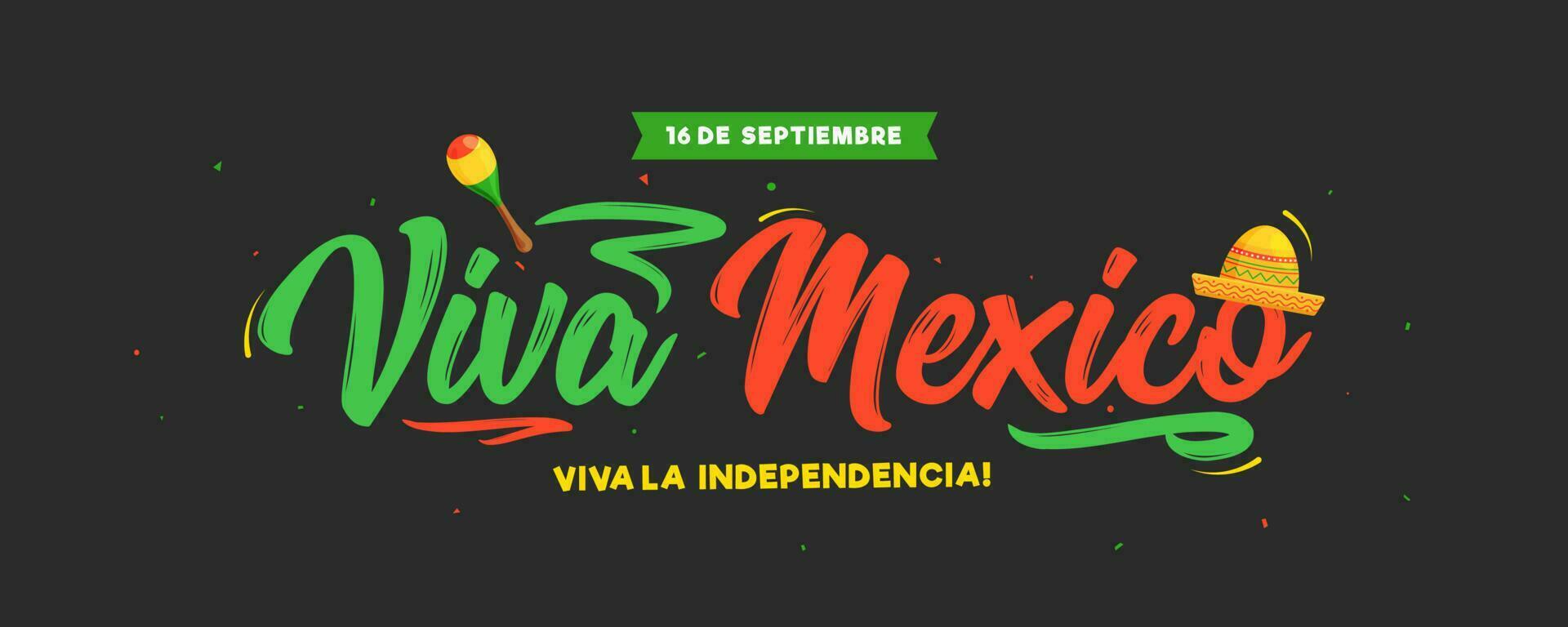 16 september viva mexico oberoende dag text i spanska språk med sombrero hatt och maracas illustration på svart bakgrund. kan vara Begagnade som rubrik eller baner design. vektor