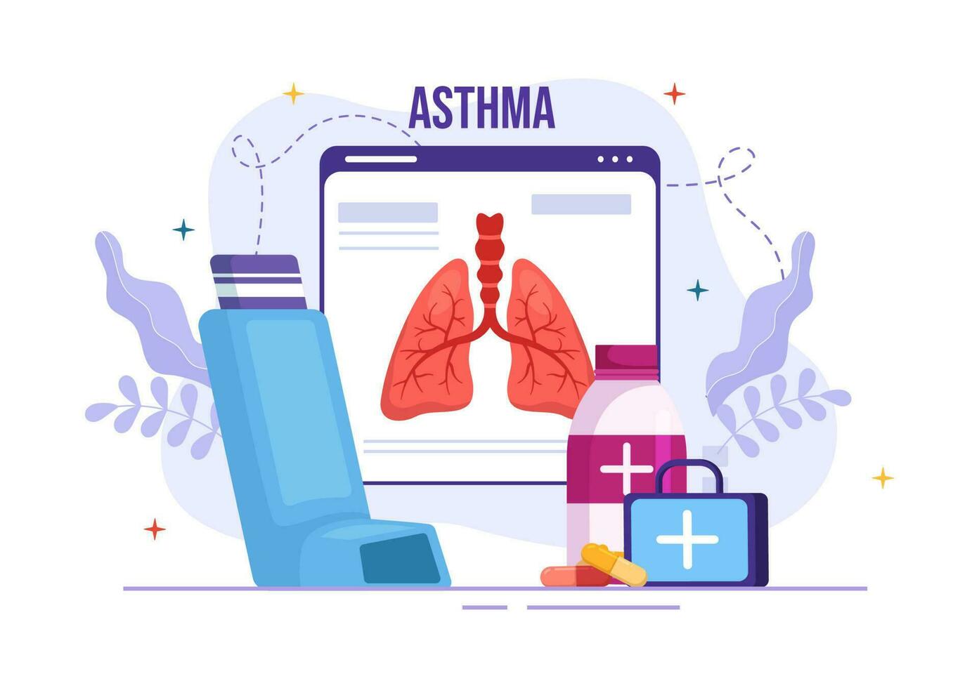 astma sjukdom vektor illustration med mänsklig lungor och inhalatorer för andas i sjukvård platt tecknad serie hand dragen landning sida mallar