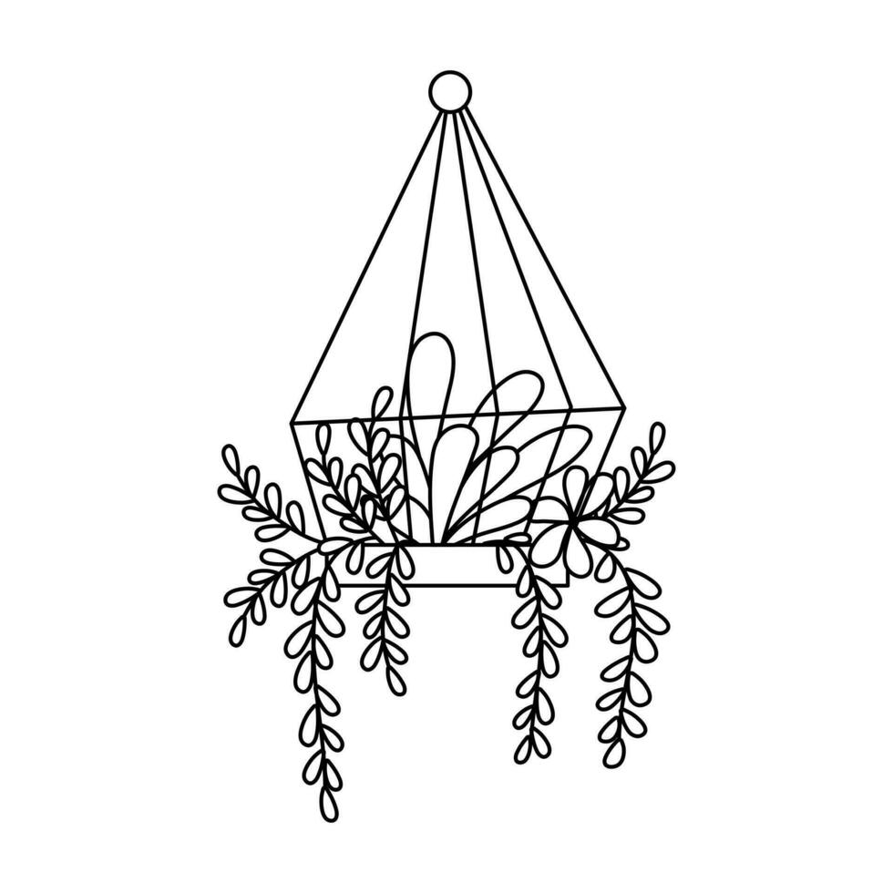 söt kaktus, saftig inomhus- växter i hängande pott. vektor isolerat illustration. blommig teckning i översikt stil.