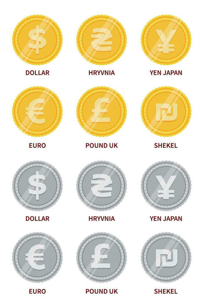 Vektor einstellen von Währung Zeichen im Gold und Silber Farbe