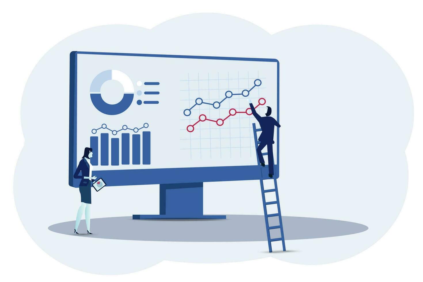 Daten Analyse, finanziell Instrumententafel oder Buchhaltung, korporativ Einnahmen oder Investition profitieren, Steuer, Budget oder Marketing Strategie Konzept, Geschäft Menschen Arbeiten mit finanziell Armaturenbrett. vektor