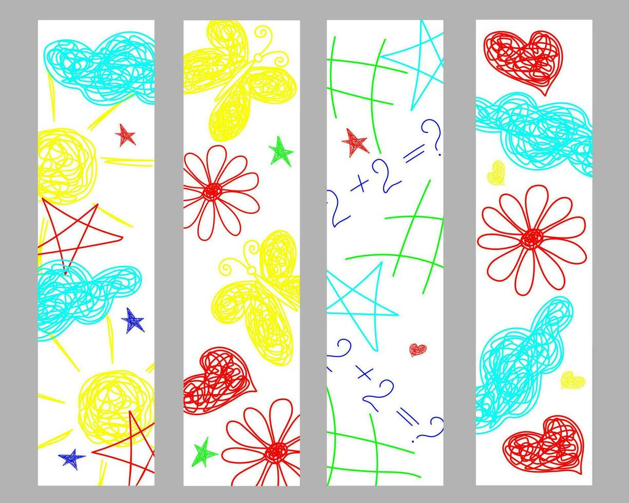 einstellen Lesezeichen mit Hand gezeichnet Blumen, Sterne, Herzen, Sonne, Wolken, auf Weiß Hintergrund im Kinder schlau. vektor