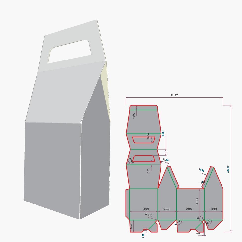 låda cut design med handtag automatisk stängning två tuck ins gavel topp vektor