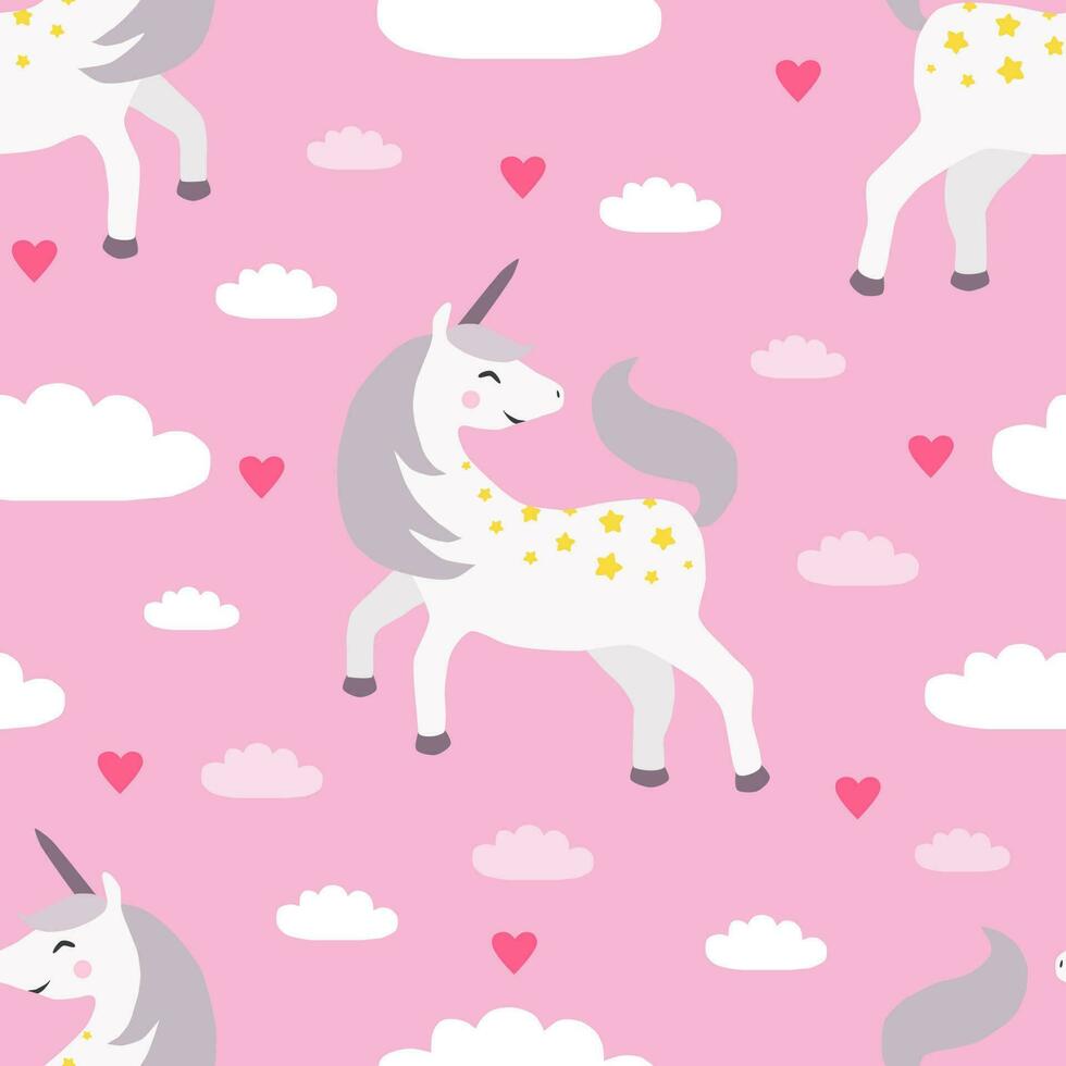 ein Rosa Hintergrund mit ein Einhorn Karikatur Zeichen und Herzen vektor