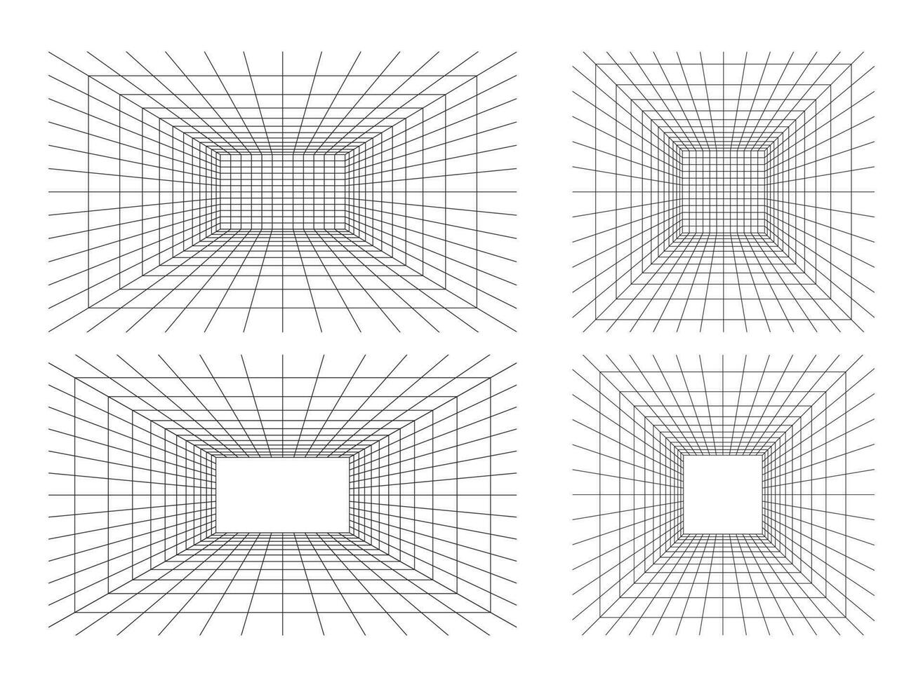 uppsättning av rutnät rum i perspektiv i 3d stil. inomhus- trådmodell från svart laser stråle, digital tömma låda. abstrakt geometrisk design vektor