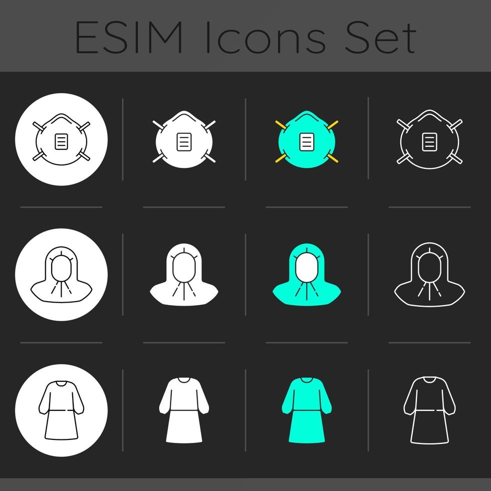 personlig skyddsutrustning mörkt tema ikoner set vektor