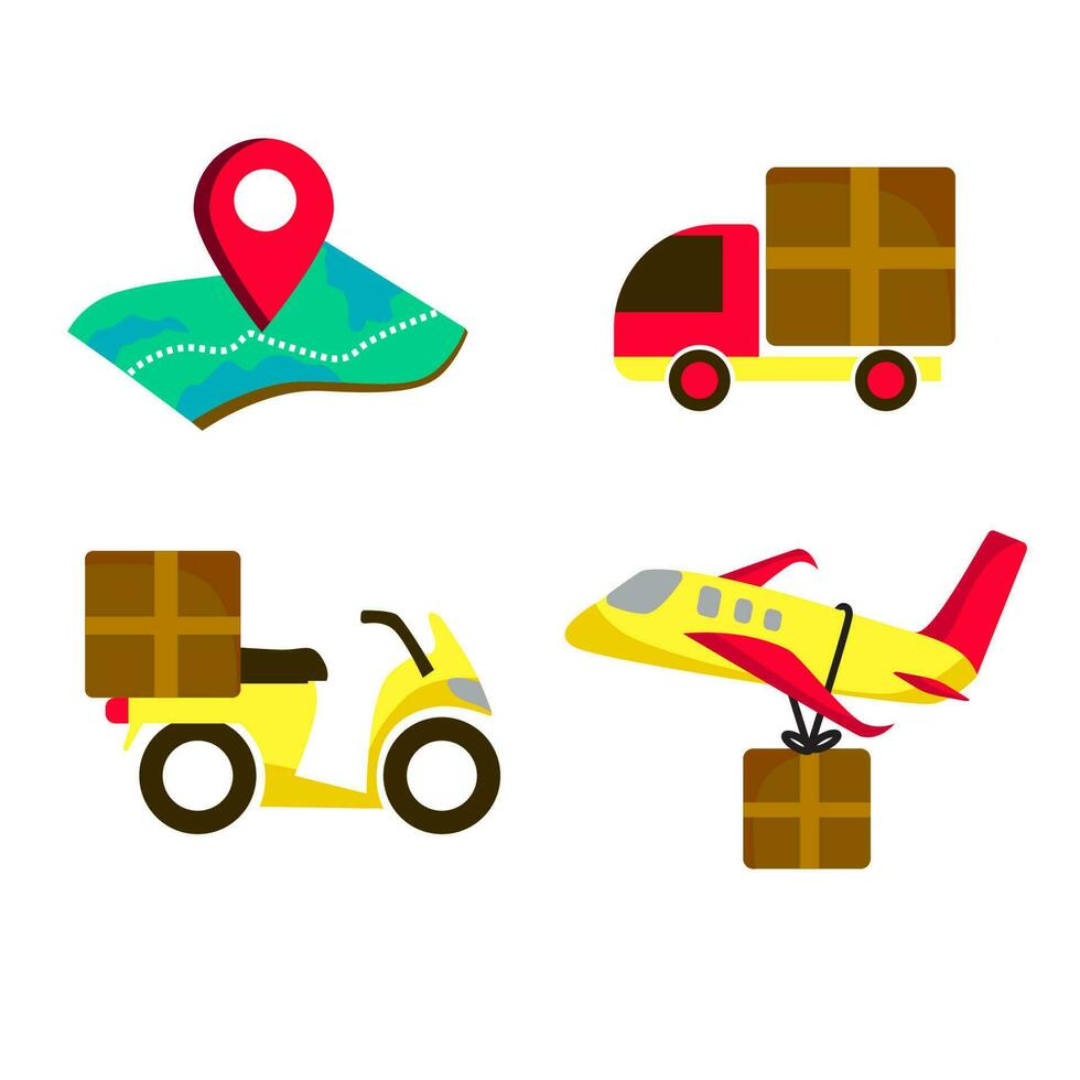 Lieferung Symbole Vektor einstellen . Karte Erde Flugzeug Motorrad Lieferung LKW online Geschäft
