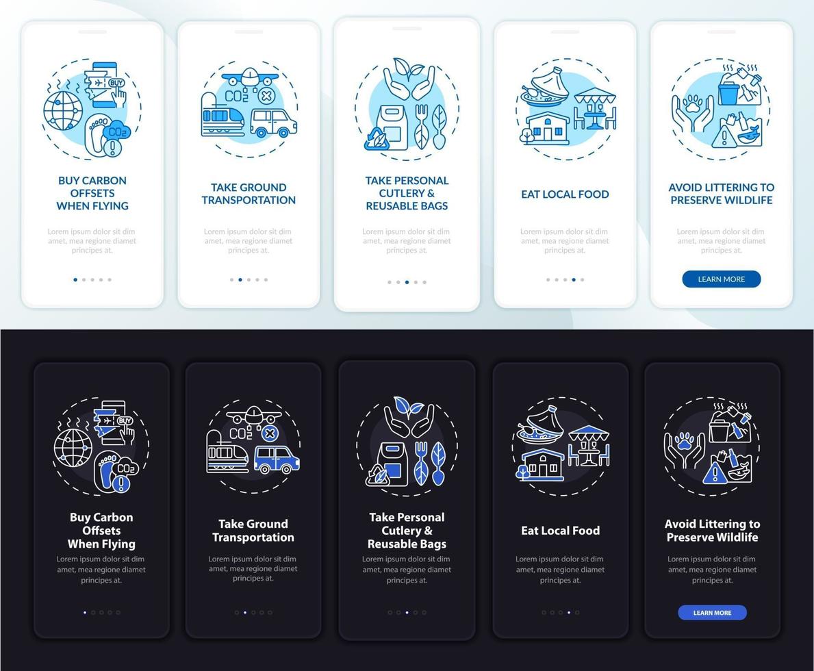Tipps für nachhaltige Touren Onboarding des Bildschirms der mobilen App-Seite mit Konzepten vektor