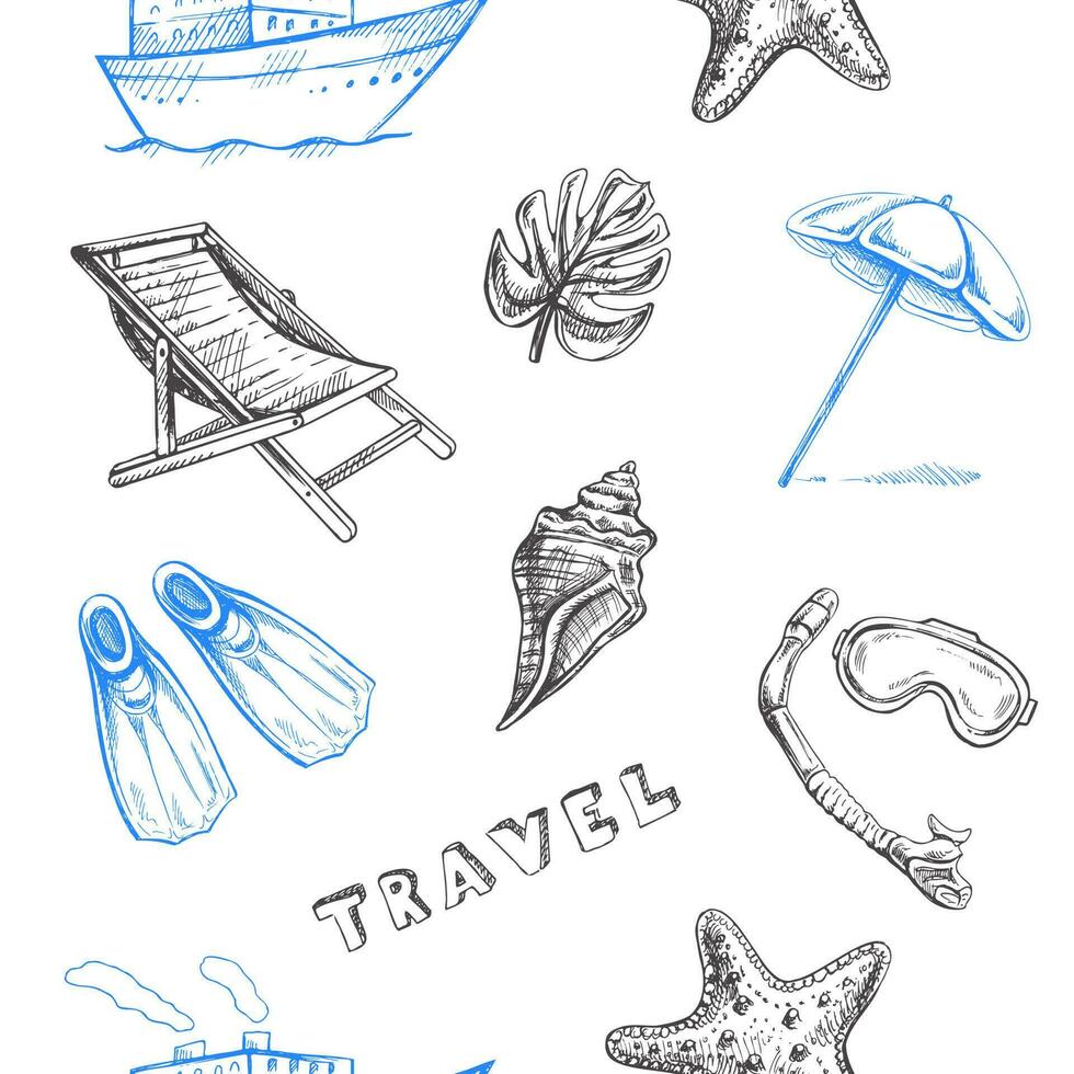 hand dragen skiss sömlös mönster med resa och hav element. hav turism och äventyr ikoner. snäckskal, strand, dykning Utrustning. vektor