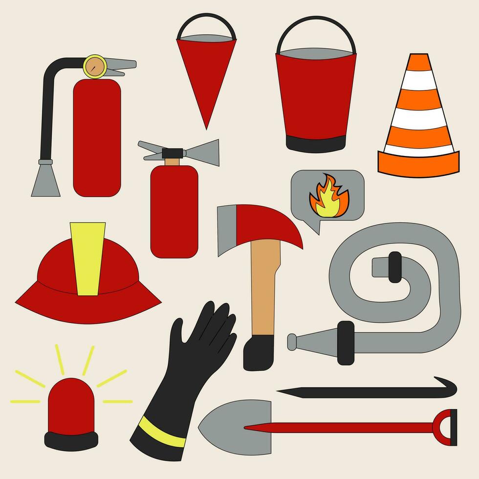 uppsättning av brandman Utrustning. brandman verktyg uppsättning. brandpost, eldpropp, eldsläckare, hjälm, roder, yxa, yxa, yxa, krok. vektor illustration.