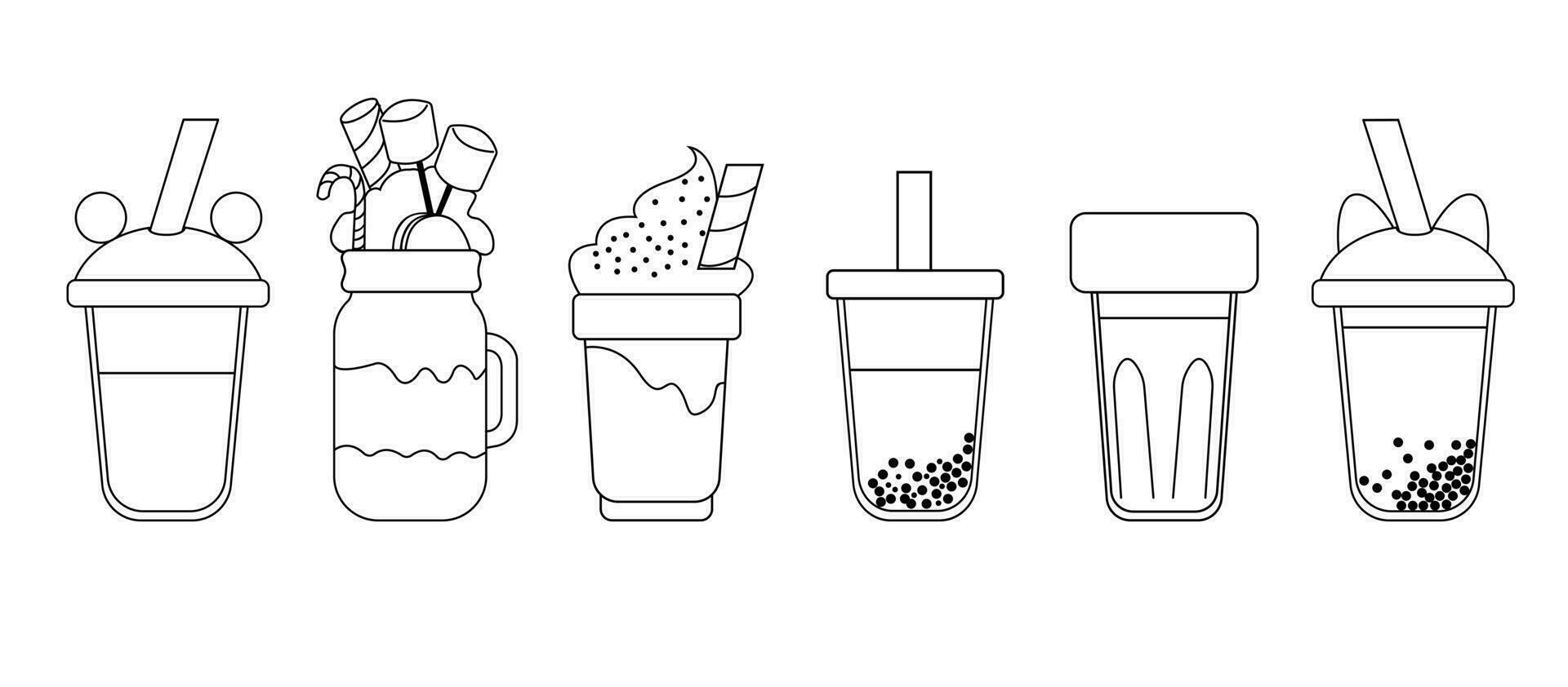 uppsättning av bubbla te, milkshakes juicer, och kaffe drycker isolerat på vit bakgrund. smoothie med tapioka boba smaskigt drycker i glas eller plast koppar med sugrör. klotter vektor samling