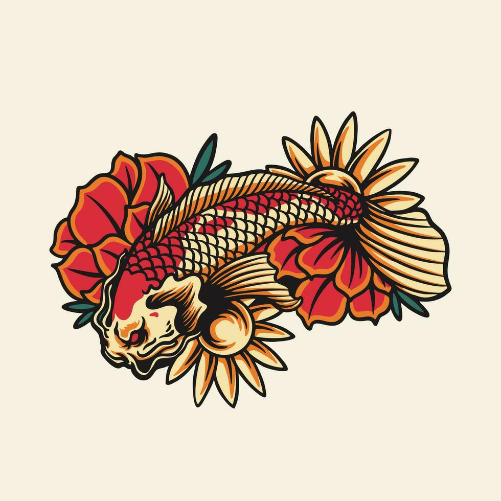 Fisch und Blumen Natur Sommer- Vektor retro Illustration