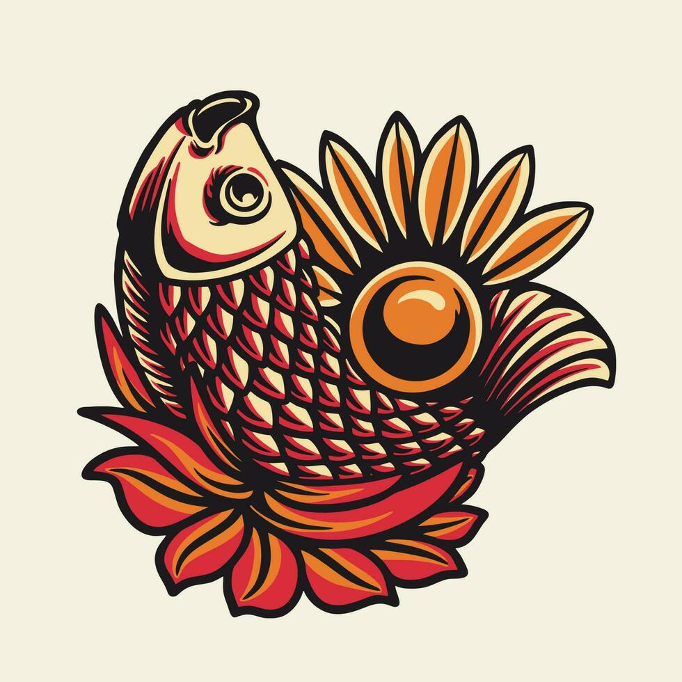 Fisch und Blumen Natur Sommer- Vektor retro Illustration