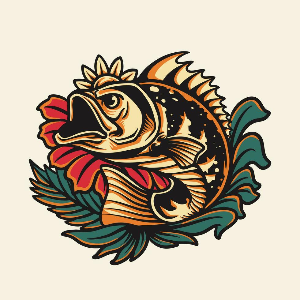 fisk och blommor natur sommar vektor retro illustration