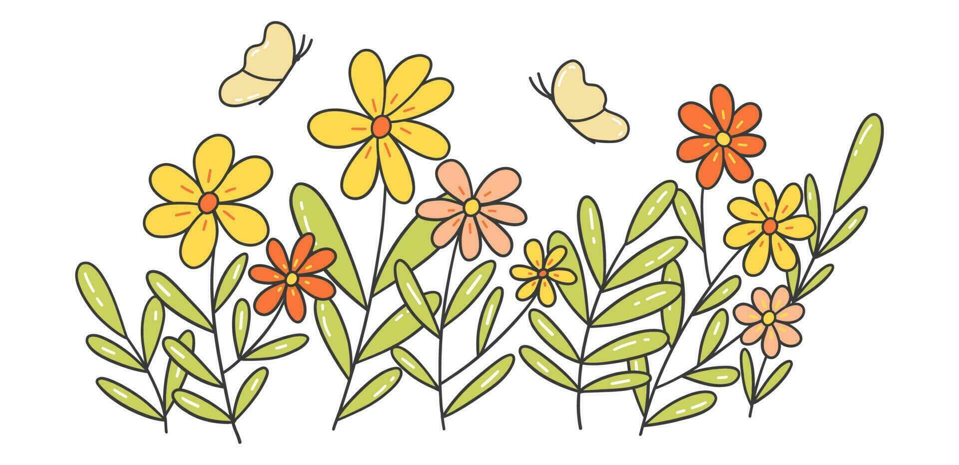 horizontal Banner mit Sommer- Blühen Blumen und Schmetterlinge. Vektor