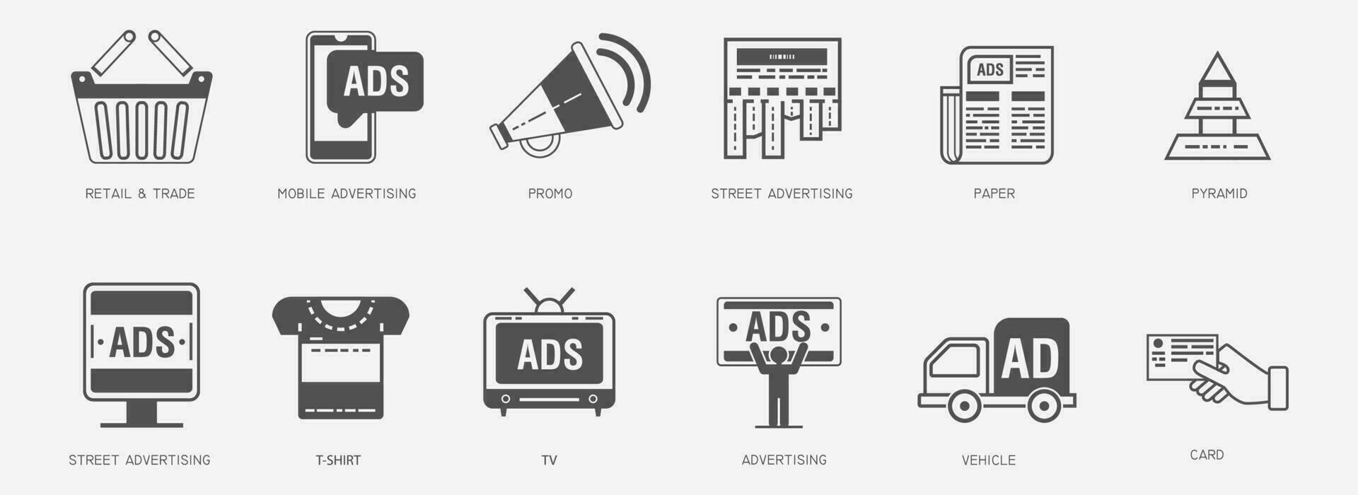 ikoner av reklam marknadsföring produkt befordran vektor illustration