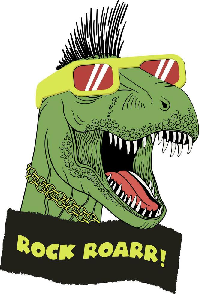 dinosaurie rex med solglasögon och punk- hårstrån vektor illustrationer , för tshirt grafik och Övrig