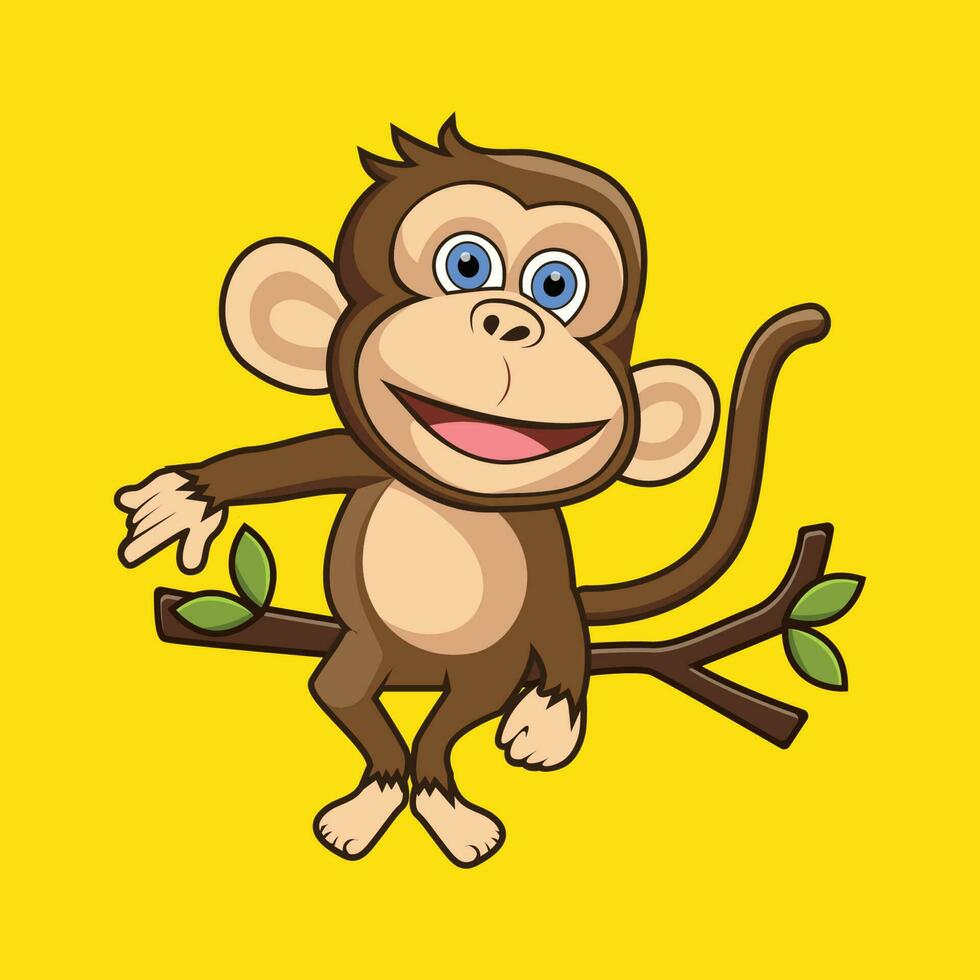 bezaubernd Karikatur Affe Sitzung auf ein Baum Vektor eben Stil Illustration. Tierwelt Tier Charakter Clip Art zum Kinder Buch Illustration, T-Shirt Design und drucken Elemente. glücklich Affe Logo.