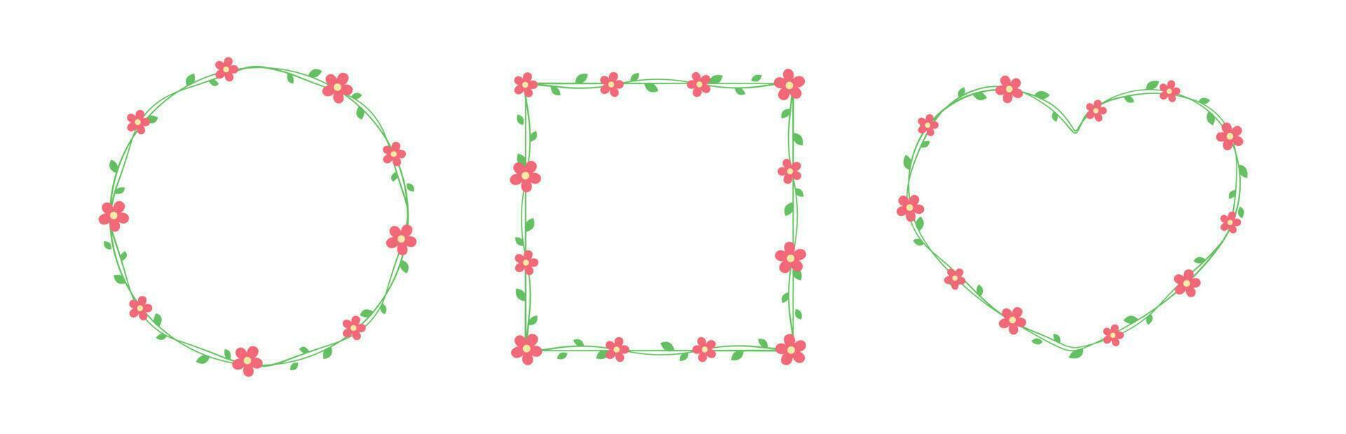 rot Blumen mit Grün Blätter Frames und Grenzen Satz, Blumen- botanisch Design Element Vektor Illustration