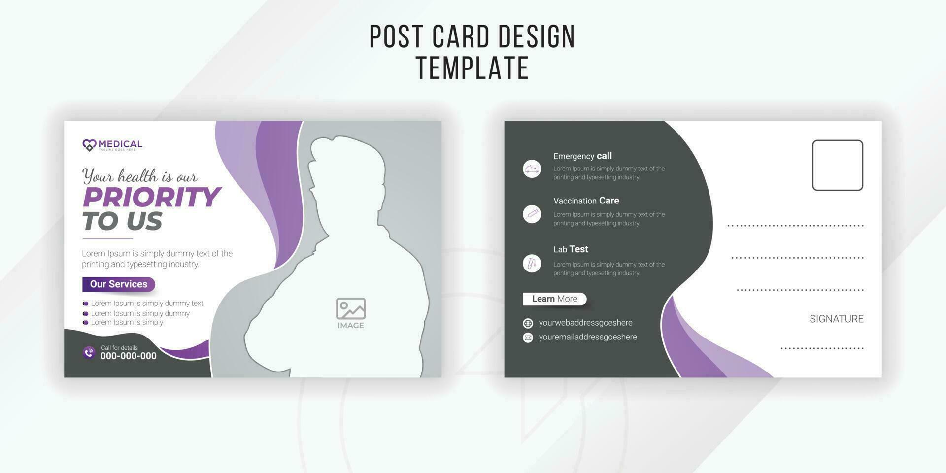medizinisch Gesundheitswesen Postkarte Design Vorlage oder eddm mit abstrakt lila Gradient Farbe Formen und Weiß Hintergrund vektor