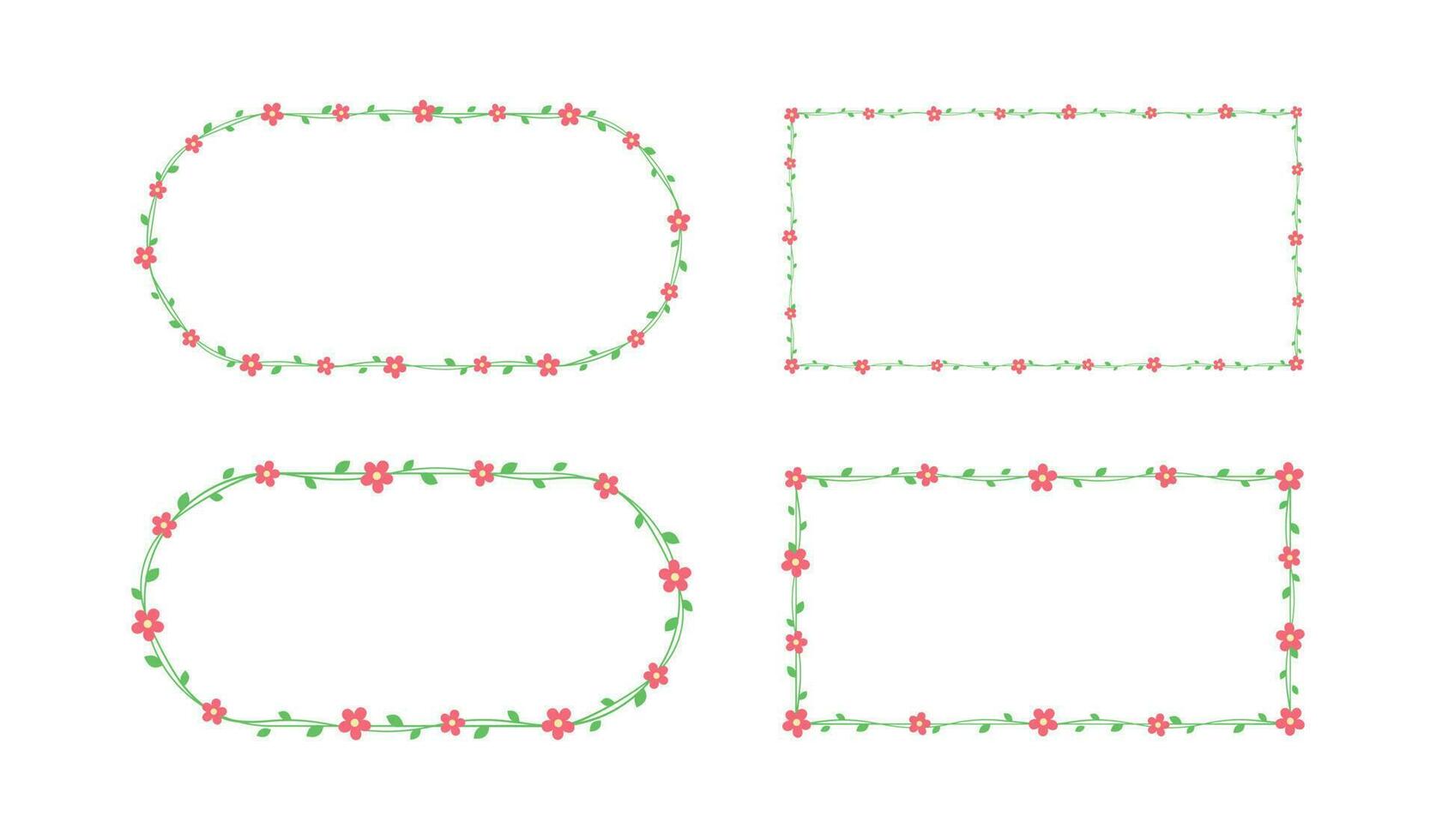 Grün Ranke mit rot Blumen Frames und Grenzen Satz, Blumen- botanisch Design Element Vektor Illustration