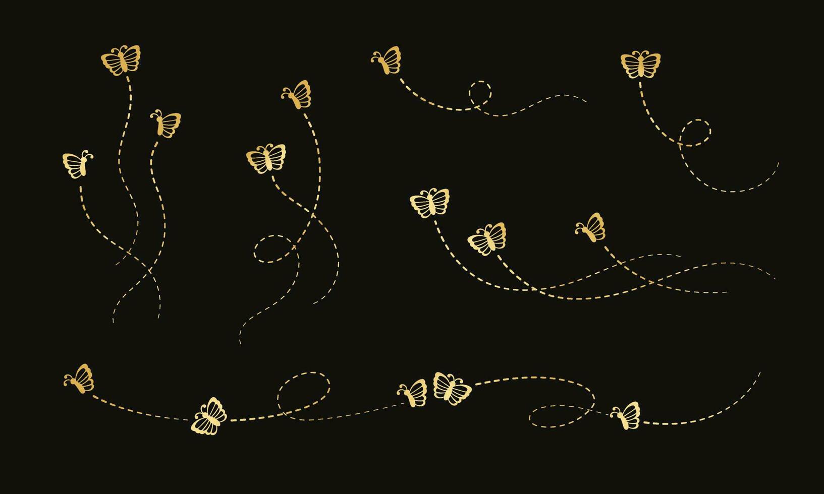 Gold Schmetterlinge Satz. golden fliegend Schmetterling mit gepunktet Linie Route. schön elegant Insekten mit öffnen Flügel Pfad. Vektor Design Elemente zum Frühling und Sommer.