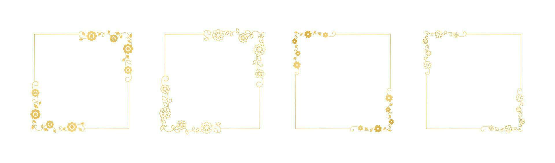 botanisk guld fyrkant ram uppsättning. enkel linje gräns, löv och blommor, bröllop inbjudan och kort, logotyp design och posters mall. elegant minimal stil blommig vektor isolerat