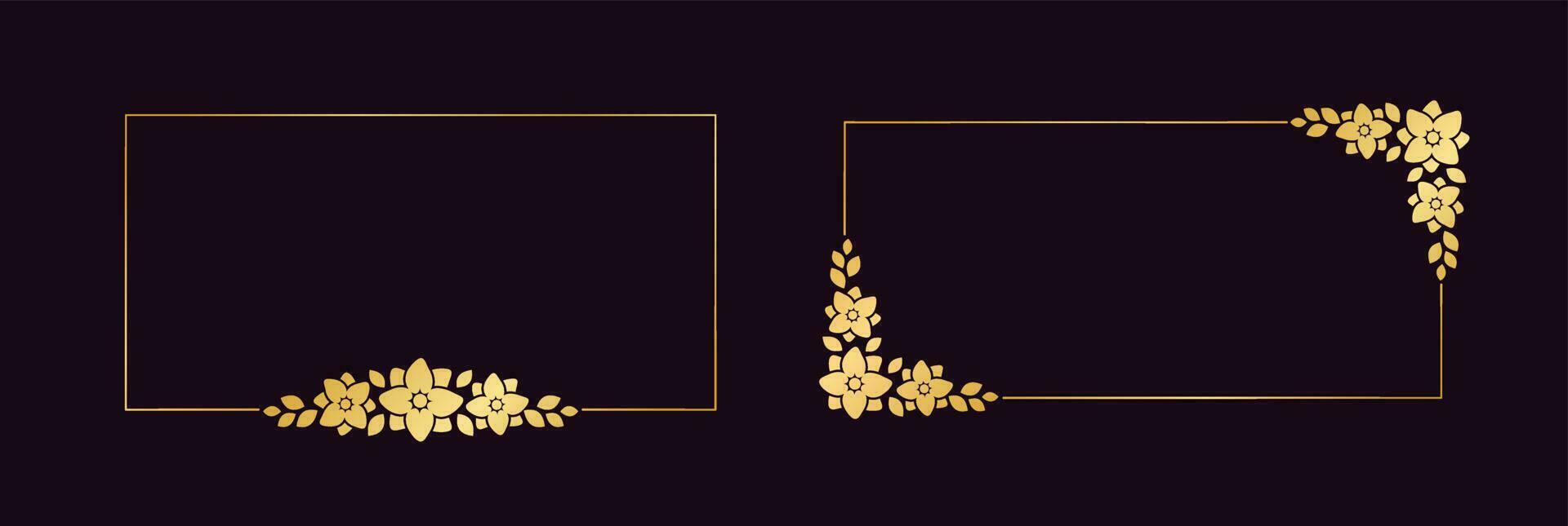rektangel guld blommig ram uppsättning. lyx gyllene gränser för inbjudan, kort, bröllop, certifikat. vektor konst med blommor och löv.