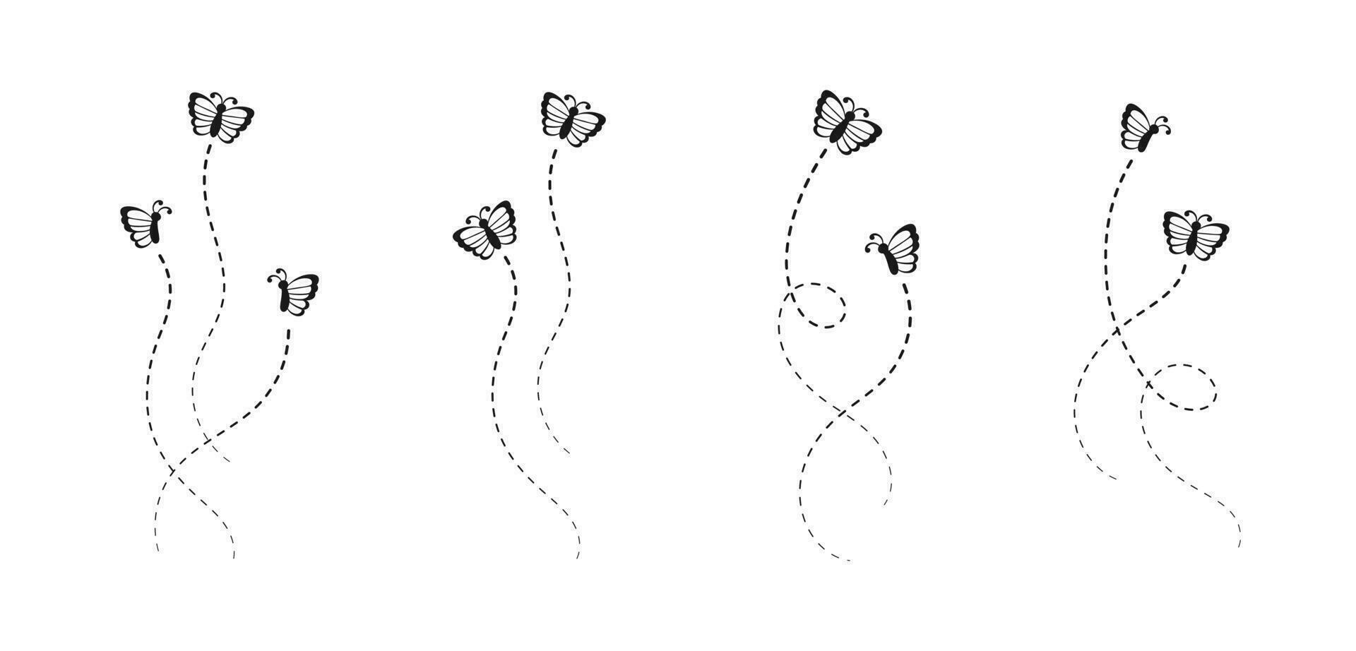 Schmetterling Silhouette Satz. fliegend Schmetterlinge mit Flug Route Weg. schön elegant Insekten mit öffnen Flügel Pfad. Vektor Design Elemente zum Frühling und Sommer.