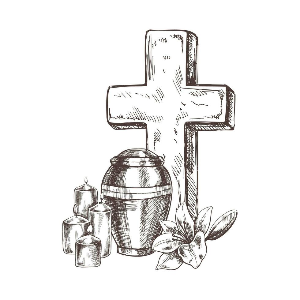 alt Marmor Stein Christus Kreuz mit Kerzen, Lilien und ein Urne mit Asche. Vektor Hand gezeichnet isoliert Illustration auf Weiß Hintergrund.