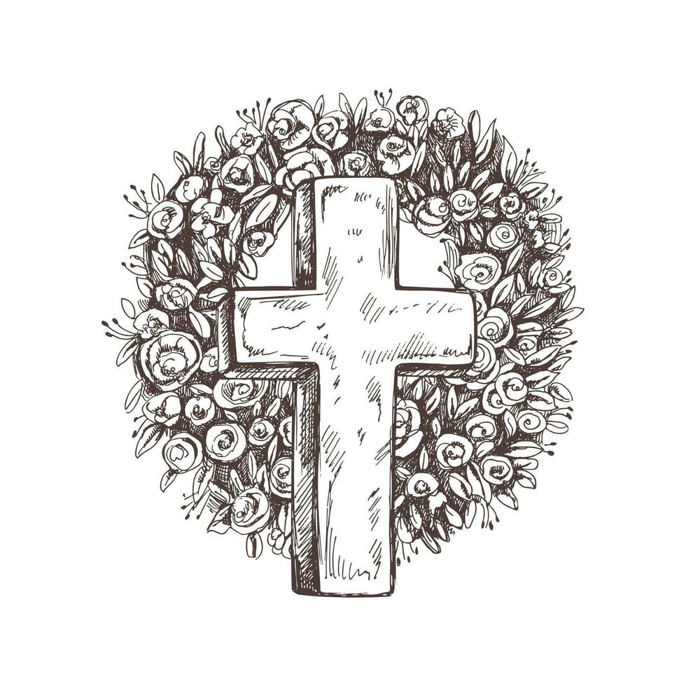 gammal marmor sten christ korsa med en krans. vektor hand dragen isolerat illustration på vit bakgrund. skiss symbol av Jesus, död, kyrkogård, kristendom, religion, tro, förtroende och uppståndelse