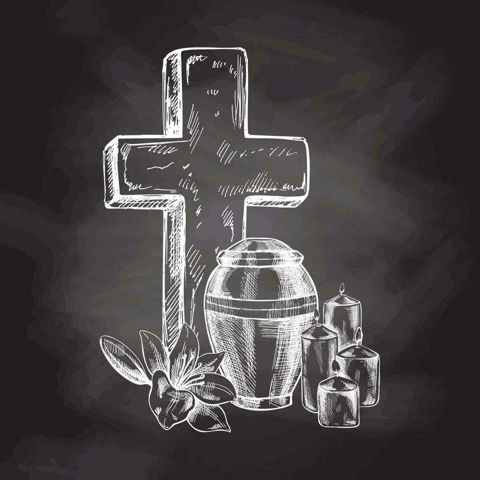 alt Marmor Stein Christus Kreuz mit Kerzen, Lilien und ein Urne mit Asche. Vektor Hand gezeichnet isoliert Illustration auf Tafel Hintergrund.