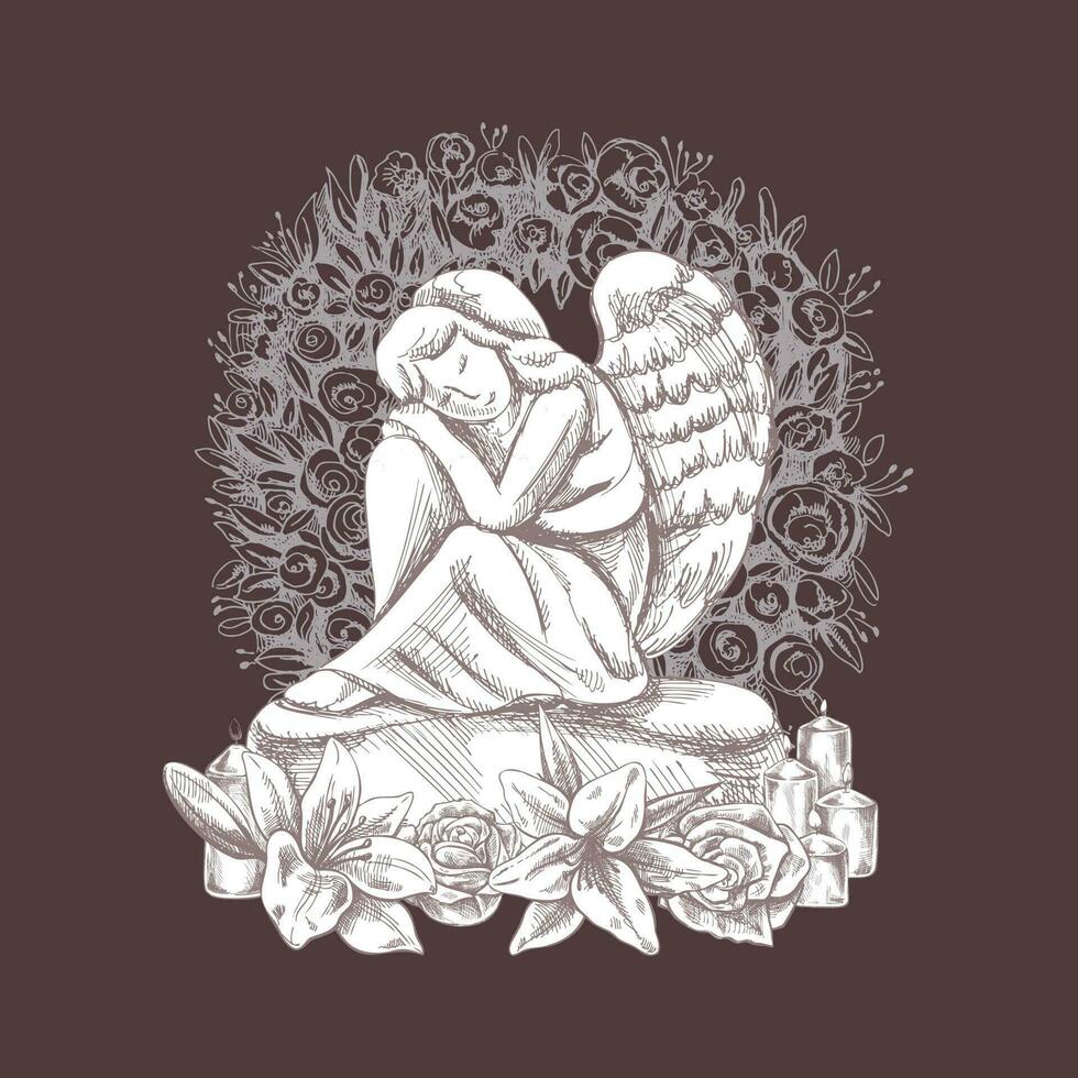 hand dragen ledsen sten ängel Sammanträde med hans huvud på hans knäna. marmor gravsten med ljus och liljor. vektor teckning isolerat på brun bakgrund, illustration för begravning företag.