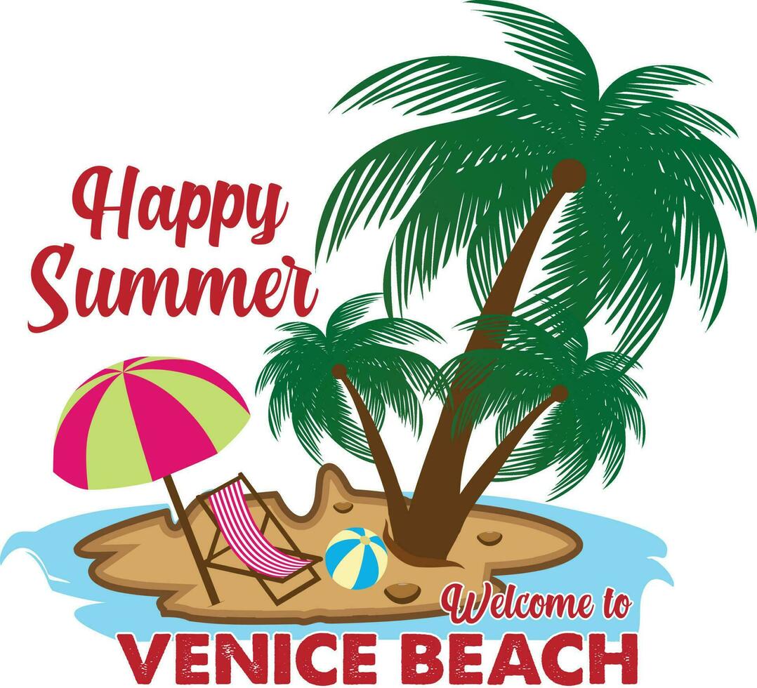 glücklich Sommer- herzlich willkommen zu Venedig Strand T-Shirt Design vektor